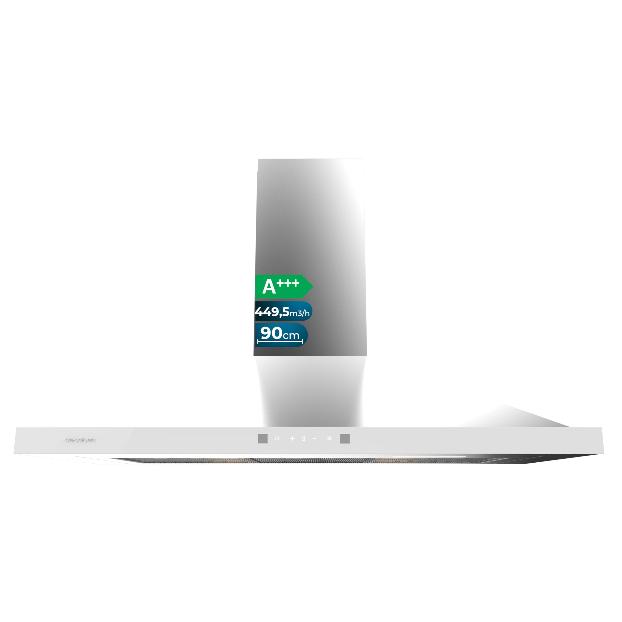 Cecotec Campana Extractora Piramidal 90 cm Bolero Flux PT 904400 Inox A+++. Cristal Frontal en Blanco, Succión 449,5 m³/h, Control Táctil Invisible, Función Booster, Filtros Lavables, Clase A+++