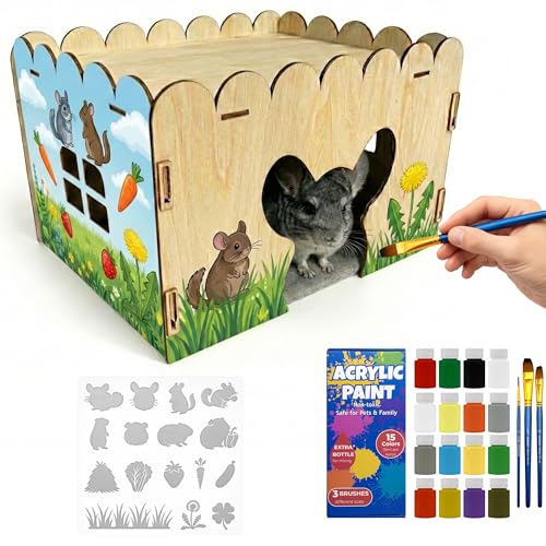 OtterPets Chinchilla House with DIY Acrylic Paint Kit, Fleece Mat Included, Made from Safe and Natural Materials, Chinchilla Cage Accessories, Chinchilla Hideout
