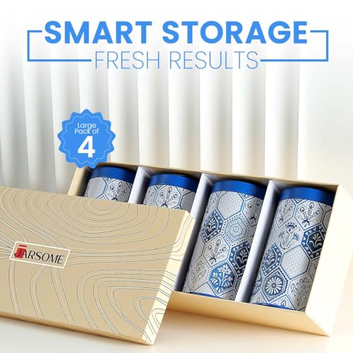Image of Maroc Collection Airtight Kitchen Container Set| 1100ML- Set of 4| Food Grade Metal Jars for Dals, Millets & Dry Food Storage| Vacuum Lid, Rust Resistant, Stylish Moroccan Blue Canisters