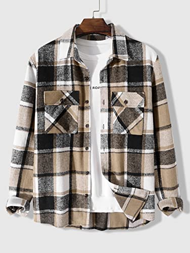 Image of ZAFUL Unisex Plaid Flannel Shirt Jacket Button Down Long Sleeve Pocket Coat Outwear | Mens Fall Clothes Lightweight Long Sleeve Button Down Flap Pocket Jacket Tops for Fall&Winter 2026