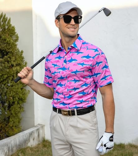 Fanient Men Golf Polo Shirts Short Sleeve 3D Printed Dry Fit Moisture Wicking 4-Way Stretch Summer Athletic Polo Shirts3