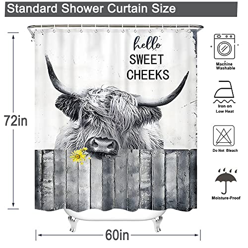 Famiffty Highland Cow Shower Curtain Farmhouse Shower Curtains 60Wx72L Inch Country Funny Rustic Bathroom Decor Hello Sweet Cheeks Western Farm Cattle Daisy Cute Waterproof Polyester Fabric 12 Hooks #TOP5