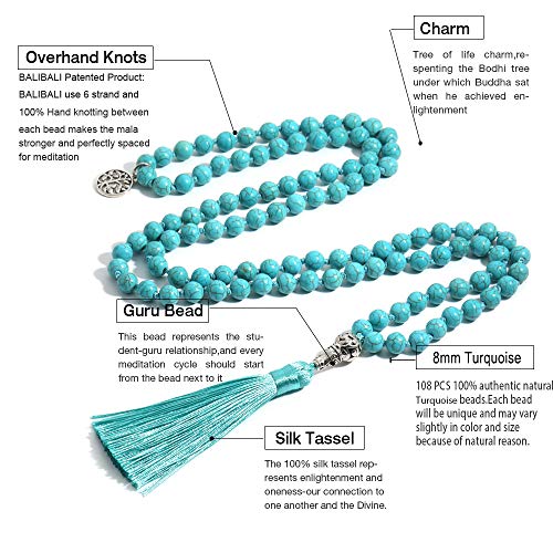 Balibali 108 Mala Beads Necklace Semi-Precious Gem Stones Meditation Necklace 108 Hand Knotted Japa Mala Beaded Tassel Necklace With Tree Of Life Pendant #TOP3