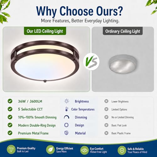 Image of 2-Pack Oil-Rubbed Bronze Flush Mount LED Ceiling Lights, 13Inch 36W Super Bright 3600lm Dimmable Ceiling Light Fixtures, 5CCT Selectable 2700K-6500K, Energy-Efficient Modern Ceiling Lamp, Easy Install