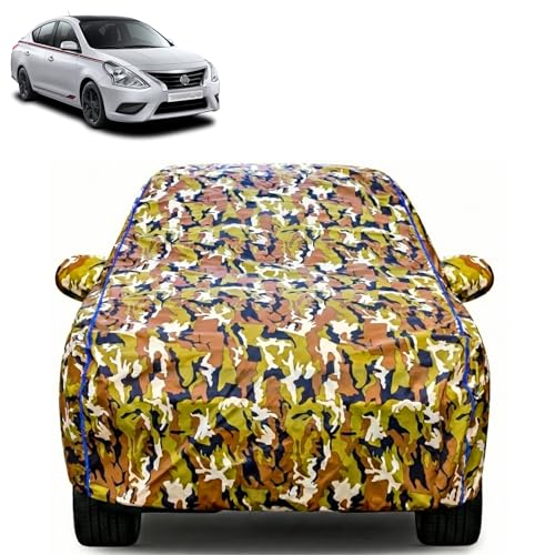 Image of Waterproof Car Body Cover for Nissan Sunny with Mirror Pocket| Cotton Inner Lining | Triple Stitched | All Weather Protection | Dust, UV & Rain Proof (Camouflage with Blue Piping)