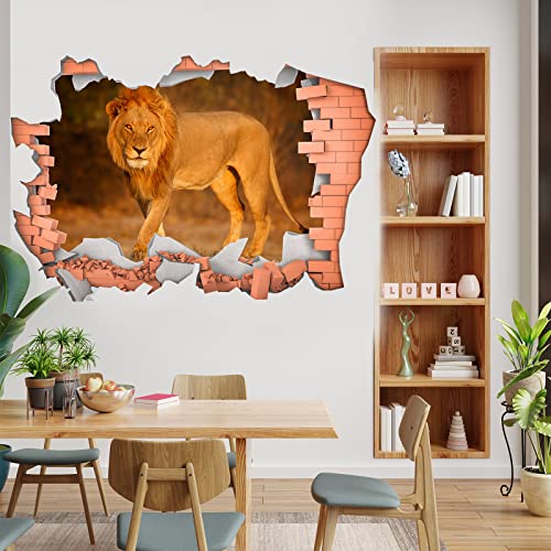 African Lion Break Through Room Wall Sticker,Broken Wall Creative 3D Effect Hole In The Brick Wall Decals, Peel And Stick Removable, Landscape Art Sticker Mural Wall Decoration, Bedroom Dining Living Room Bathroom Boys Kids Bedroom Wall Decor (23.6" × 35.4") #TOP4