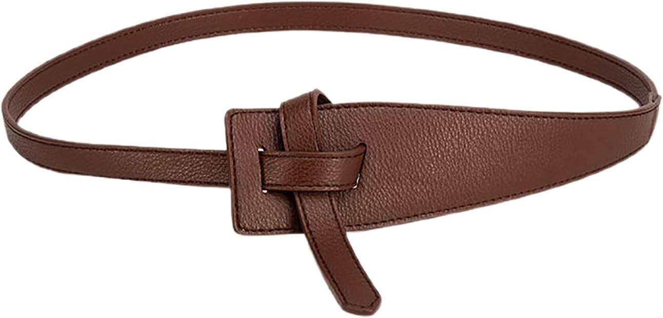 Womens Knot Tie Genuine Leather Belts No Buckle Vintage Waist Belt for Dresses Jeans Brown