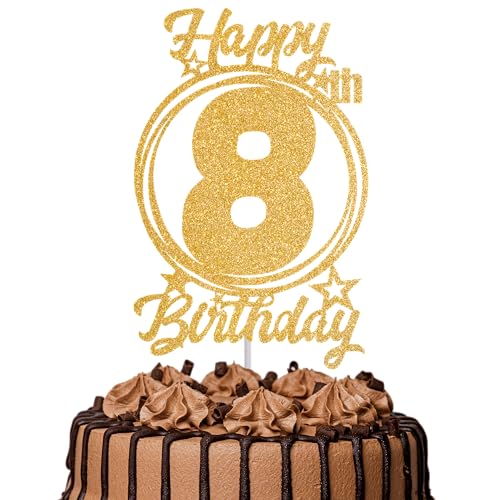 1 decoración para tarta de cumpleaños número 8 – Decoración dorada con purpurina «Cheers to 8 Years» | 8 y fabulosa decoración para tartas para mujeres y hombres | Suministros de decoración de tartas