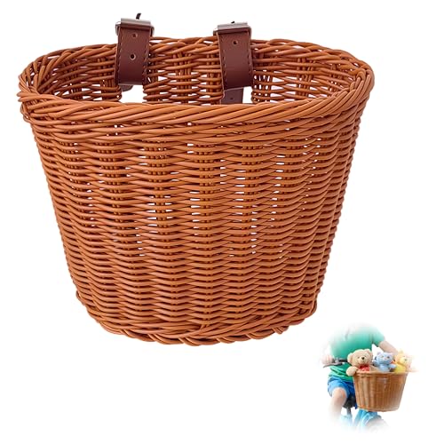 leruiyezs Cesta Bicicleta Delantera Mimbre con Correas Ajustables,Cesta Bicicleta Niña Mimbre Ligera y Resistente,Delantera para Bicicletas Infantiles, Triciclos y Bicis de 12-20 Pulgadas(19*14*13cm)