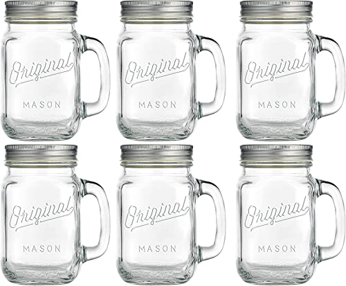 Glaver's Mason Jar 16 Oz. Glass Mugs With Handle And Lid Set Of 6 Old Fashioned Drinking Glass Bottles Original Mason Jar Pint Sized Cup Set. #TOP4