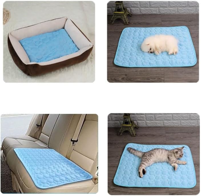 review Pet Summer Cooling Mat & Sleeping Pad for Dogs Cats Breathable, Ice Silk Cooling Mat Pet Self Cooling Blanket for Indoor & Outdoor Car Seats, blue