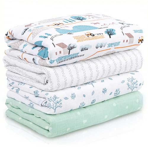 CIVARUA KIDS Muslin Swaddle Blankets for Newborn, 4 Pack Cotton Baby Blankets, Large 31.5 x 43.3 inch Breathable Soft Receiving Blanket, Essentials Swaddle Wrap Burping Clothes, Blue Farm Country