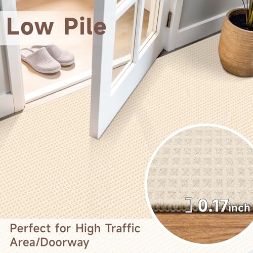 Image of Waffle 2x8ft Runner Rug for Hallway: Extra Long Absorbent Bath Mat, Beige | Washable Non Slip Kitchen Rug, Bathroom Laundry Bedside, Soft Quick Dry Throw Carpet, Modern Farmhouse Home Decor