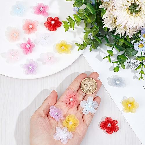 GORGECRAFT 100PCS 10 Colors Small Craft Flowers Embellish Ribbon Flowers Beaded Organza Flowers Chiffon 5-Petal Flower Ornament Accessories Sewing Applique with Plastic Imitation Pearl for Women - Image 3