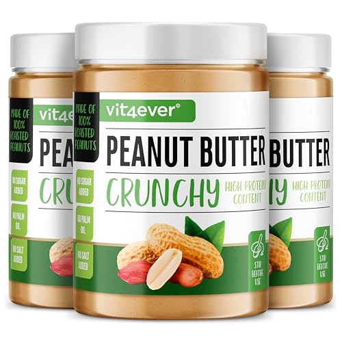 vit4ever Erdnussbutter Crunchy - 3 kg natürliche Peanut Butter Ohne Zusätze - High Protein - Erdnussmus ohne Zusätze von Salz, Öl oder Palmfett - Vegan