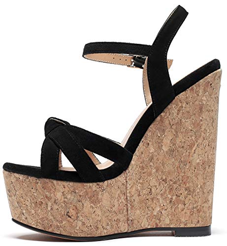 Mettesally Femme Escarpins Bride Cheville Sexy Compensées Plateforme Bout Ouvert Chaussures Club Soiree, Noir-Suède EU37 – vue 4