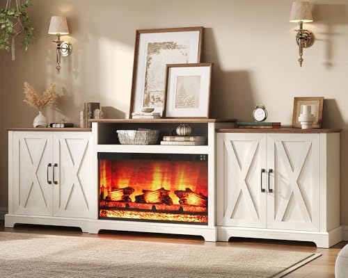 Image of AMERLIFE 97 inch Large Fireplace TV Stand for TVs up to 110 inch, Farmhouse Entertainment Center with 33 inch Electric Fireplace, Media Console with Storage Cabinets & Adjustable Shelf, White
