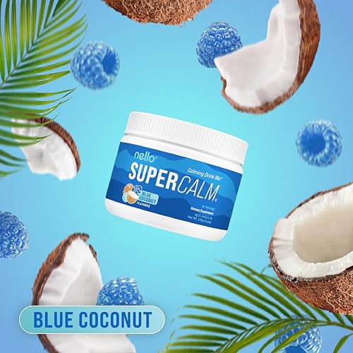 Image of Nello Supercalm Powdered Drink Mix Tub, Cortisol Reducer* and Sleep Aid Supplement, L Theanine, Ksm-66 Ashwagandha, Magnesium Glycinate, Vitamin D 3, No Sugar, Non GMO, On The Go, 30 Ct, Blue Coconut
