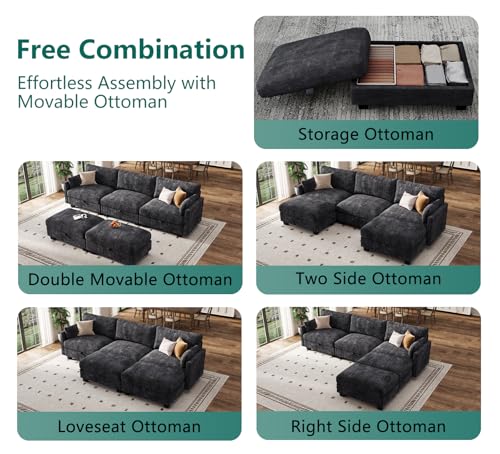 Image of Modular Sectional Sofa, 101 inch U Shaped Couch with Storage | High Resilience Foam, 22 inch Seat Depth, Movable Ottoman, Comfy Chenille, Easy Assembly, Black