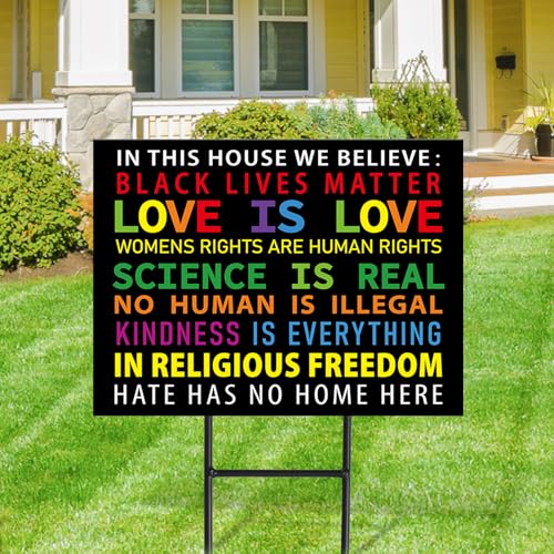 FYSUIMU Pride Metal Garden Stakes in This House We Believe Decorative Lawn Sign Love is Love BLM Welcome Yard Sign for Lawn Patio Porch Home Outside Decor