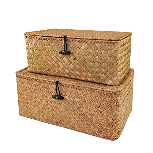 Panier de rangement en osier tressé avec couvercles, panier à linge en jonc de mer, organisateur de maquillage pour salle de bain, salon, cuisine (L + XXL)