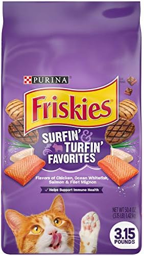 Purina Friskies Dry Cat Food, Surfin’ & Turfin’ Favorites – (Pack of 4) 3.15 lb. Bags