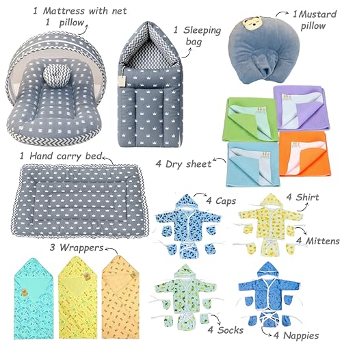 Image of Fareto Infantbond Newborn Baby Bedding Essentials | Daily Needs Items | Hopsital kit Ready Combo | Baby Products All (Pack of 32) (0-6months) (Crown Grey)