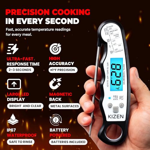 KIZEN Instant Read Meat Thermometer Digital - Food Thermometer for Cooking, Grill, Oven, BBQ - IP67 Rated Waterproof - Large Backlit Disp...