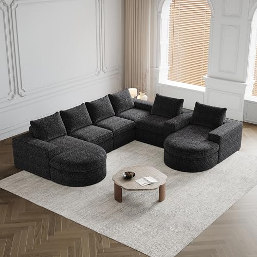 Sofá esquinero moderno de 5 plazas en forma de L para salón, apartamento, 322,5 × 271,7 × 81,2 cm, chaise longue curvado, material chenilla, sin marco, no requiere instalación (negro)