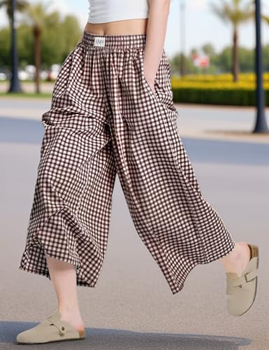 Womens Wide Leg Capri Pants Gingham Summer Plaid Culottes High Waist Casual Lounge Palazzo Pants with Pockets2
