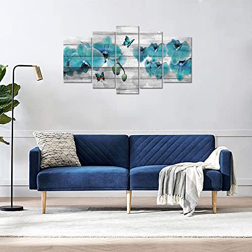 Novup Teal Butterfly Orchid Wall Art Blue Flower On Wood Grain Background,5 Piece Modern Painting Canvas Print - Contemporary Artwork Picture For Living Room Bedroom Wall Décor #TOP2