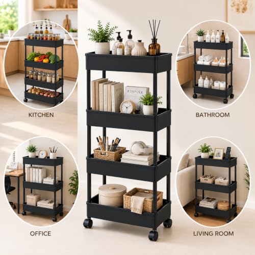 Image of 4 Layer Multipurpose Storage Rack with Plastic Pipe, Kitchen Trolley, Rolling Storage Cart with Wheels, Multipurpose Storage Rack, Kitchen Organizer Rack, Multipurpose Trolley (Black) (Black, 4 Layer)