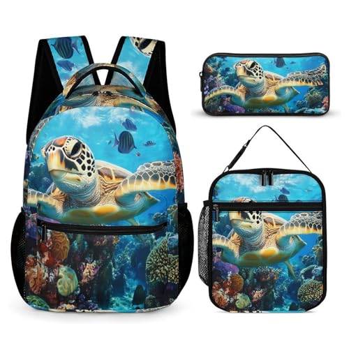 Ocean Turtles Coral Tropical Fish Travel Backpack Lunch Box Pencil Case 3Pcs Set for Men Women Office Outing University