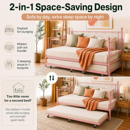 Image of Garvee Twin Trundle Bed,Space Saving Daybed,Metal Sofa Bed for Room