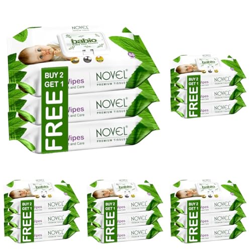 Image of Novel Baby Wet Wipes 80 Wipes x Pack of 15 (240 Wipes) | Aloe Vera, Chamomile, Jojaba Oil, Vitamin E Enriched | pH Balanced, Alcohol, Hypoallergenic & Paraben-Free | Extra Thick & Moist wet | Anti Rash Soft Gentle Baby Wipes with Lid