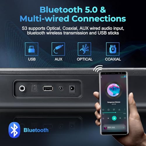 OXS S3 Sound Bars for TV, Home Theater Audio with Dynamic Bass, 3D Surround Sound System TV Sound Bar, TV Speakers, Bluetooth 5.0/Aux/Optical/Coaxial, 80-Watt, 3Eqs, Wall Mountable, Black