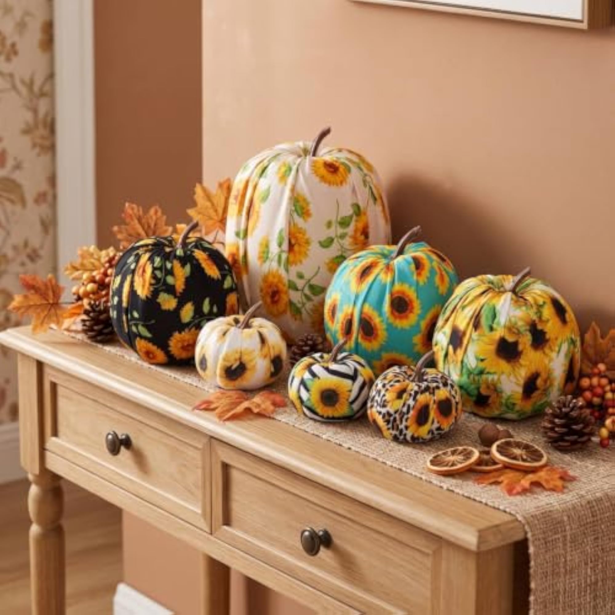 Decorative Textile Pumpkin with Stem, 7 Pieces Set