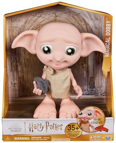 WIZARDING WORLD HARRY POTTER - DOBBY INTERACTIF - Poupée Interactive Dobby 20 Cm Qui Bouge Vraiment - Avec Chaussette Magique - Plus De 35 Sons et Réactions - Bilingue - Jouet Enfant 6 ans et +