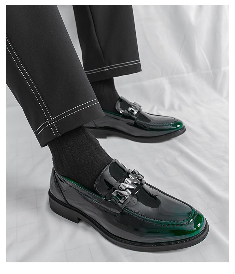 Men's Patent Leather Metal Formal Dress Loafers Retro Round Toe Chunky Block Heel Comfortable Non-Slip Slip-On Penny Shoes for Party Wedding Business4