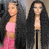 30 Inch Deep Wave Lace Front Wigs Human Hair 13x6 HD Transparent Lace Frontal Curly Wigs for Women Wet and Wavy Glueless Wigs Pre Plucked with Baby Hair 180 Density Brazilian Virgin Hair Natural Black
