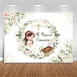 Mocsicka 7x5ft Mi Primera Comunion Backdrop Banner First Communion Backdrop for Girls Baptism Party Decorations Greenery God Bless Christening Baby Shower Confirmation Decorations