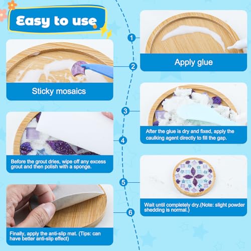 Karidge 5 Sets DIY Mosaic Tiles for Crafts, Mixed Color Mosaic Coaster Kit Material Package for Adults Women, Wooden Coaster for Drinks Tray Handmade Home Decoration and Gift Idea