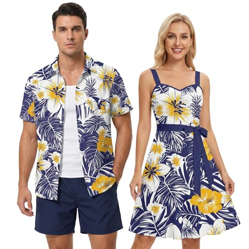 Image of DRESSFO Matchable Couples' Outfit Tropical Flower Leaf Print Button-up Shirt Or Strappy Dress