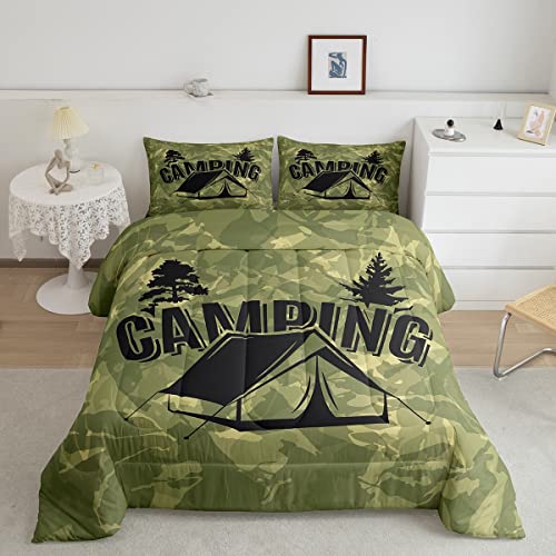 Manfei Camping Comforter Set Queen,Camper Camouflage Green Bedding Set 3Pcs For Kids Teens Rv Trailer Room Decor,Adventure Quilt Set,Rustic Farmhouse Vintage Duvet Insert With 2 Pillowcases #TOP29