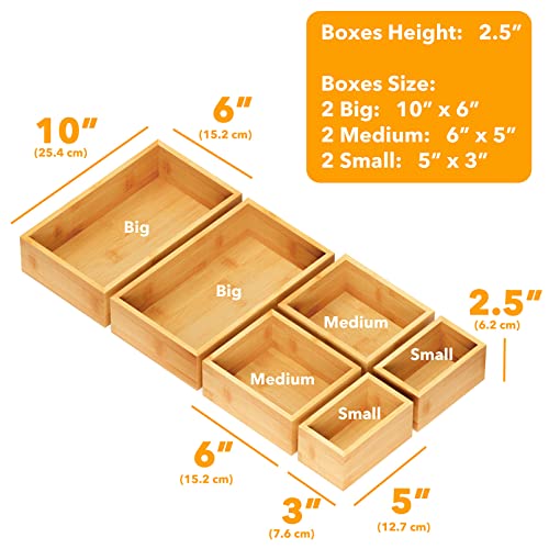 Spaceaid 6 Pcs Bamboo Drawer Organizer Storage Box Set, Multi-Use Drawer Organizer Bin For Kitchen, Bathroom, Office Desk And Makeup (6 Boxes) #TOP2