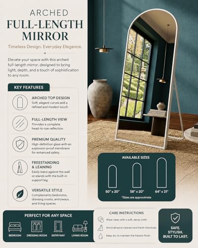 Image of Arched Full Length Floor Mirror with Black Metal Frame Freestanding with Stand for Living Room Bedroom Dressing Mirror Decorative Home Decor Full Size (1, Black, Large)