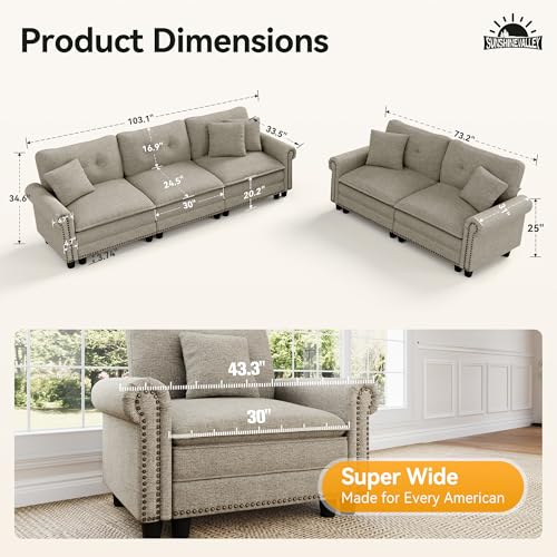 Image of SUNSHINE VALLEY Modular Sectional Sofa Set Living Room 2-Piece Deep Seats | Mid-Century Modern 5-Seater Cloud Couch Set, Light Grey, Rolled Arms & Nailhead Trim, Wider Seats, Soft Linen Furniture Set
