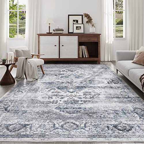 Xilixili 5X7 Area Rugs With Non Slip Backing - Stain Resistant Washable Rugs For Living Room，Bedroom & Dining Room，Vintage Printed Persian Home Decor Boho Rug (Blue/Grey,5'X7') #TOP2