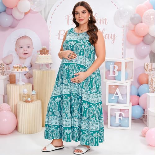 Image of Moon Wood Women's Plus Size Sleeveless Summer Dress Crewneck Tank Casual Flowy Maxi Dress with Pockets Vacation Outfits