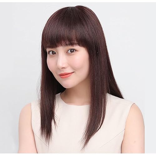 Miniatura 5 de Base de seda sintética de 16 pulgadas con flequillo limpio de 3.9 x 3.9 in, parte media, parte superior, postizo recto con clip, tupé (marrón oscuro)